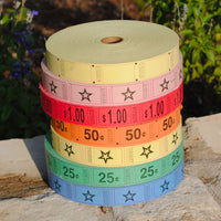 Thumbnail for a stack of assorted color ticket rolls for carnival or festivals outside