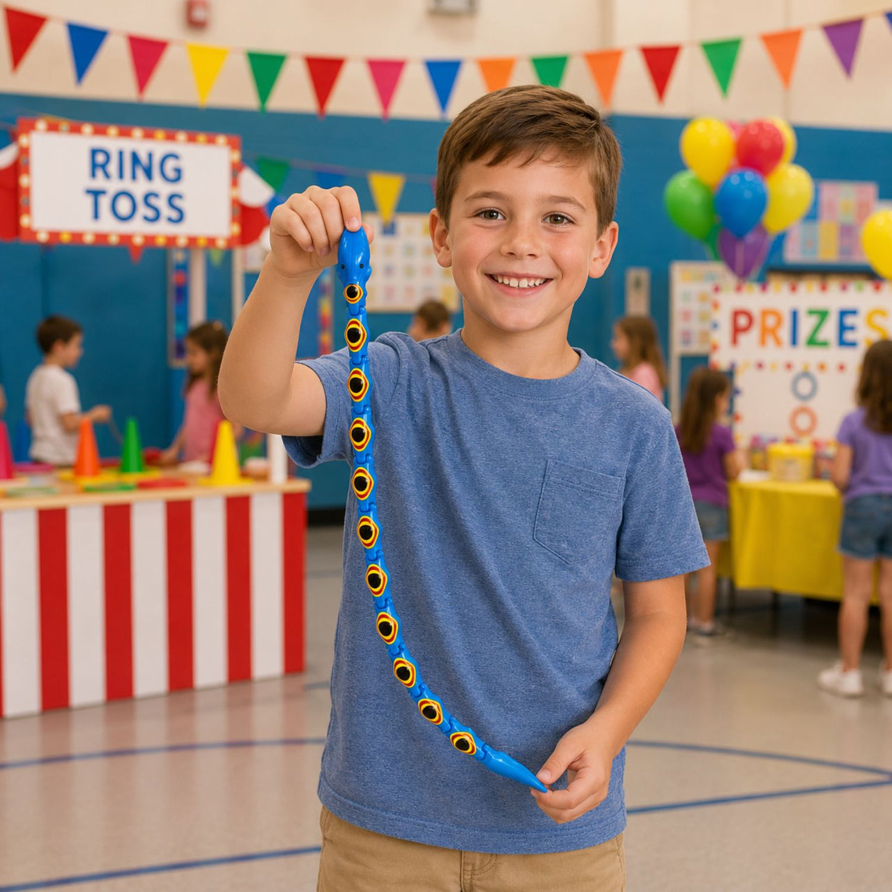 boy at a carnival with a plastic wiggle snake prize