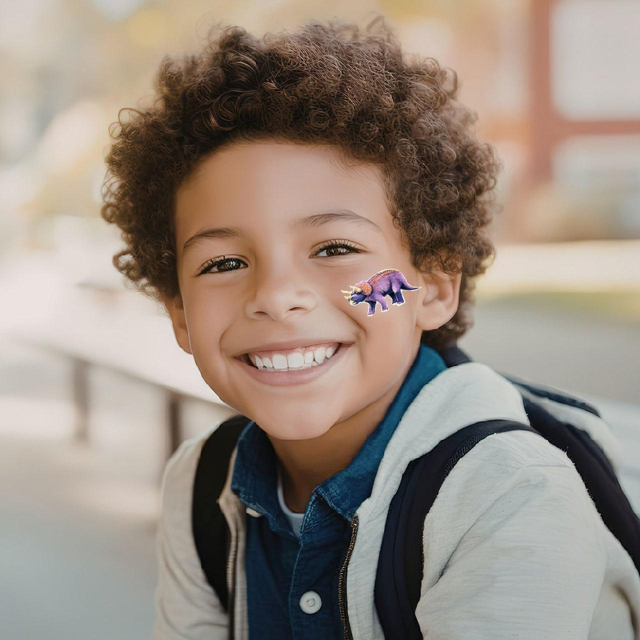 smiling boy with washable tattoos of a dinosaur on his cheek