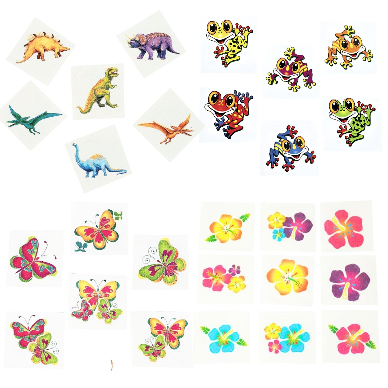 bulk assortment of kiddie tattoos dinos, flowers, butterflies and frogs