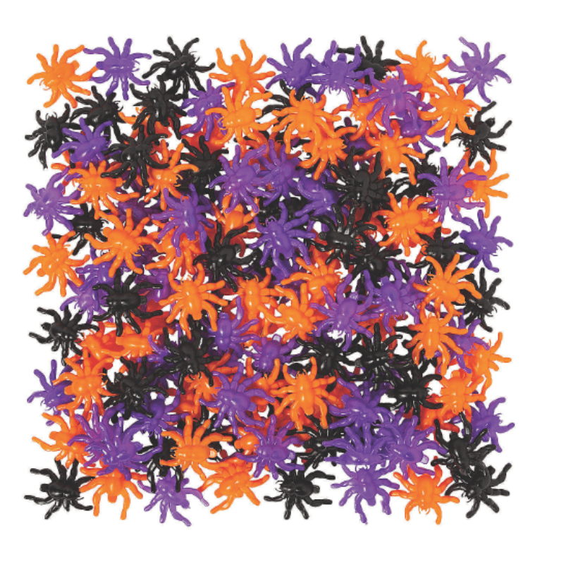 Assorted Halloween spider decorations in black, orange, and purple on a white background