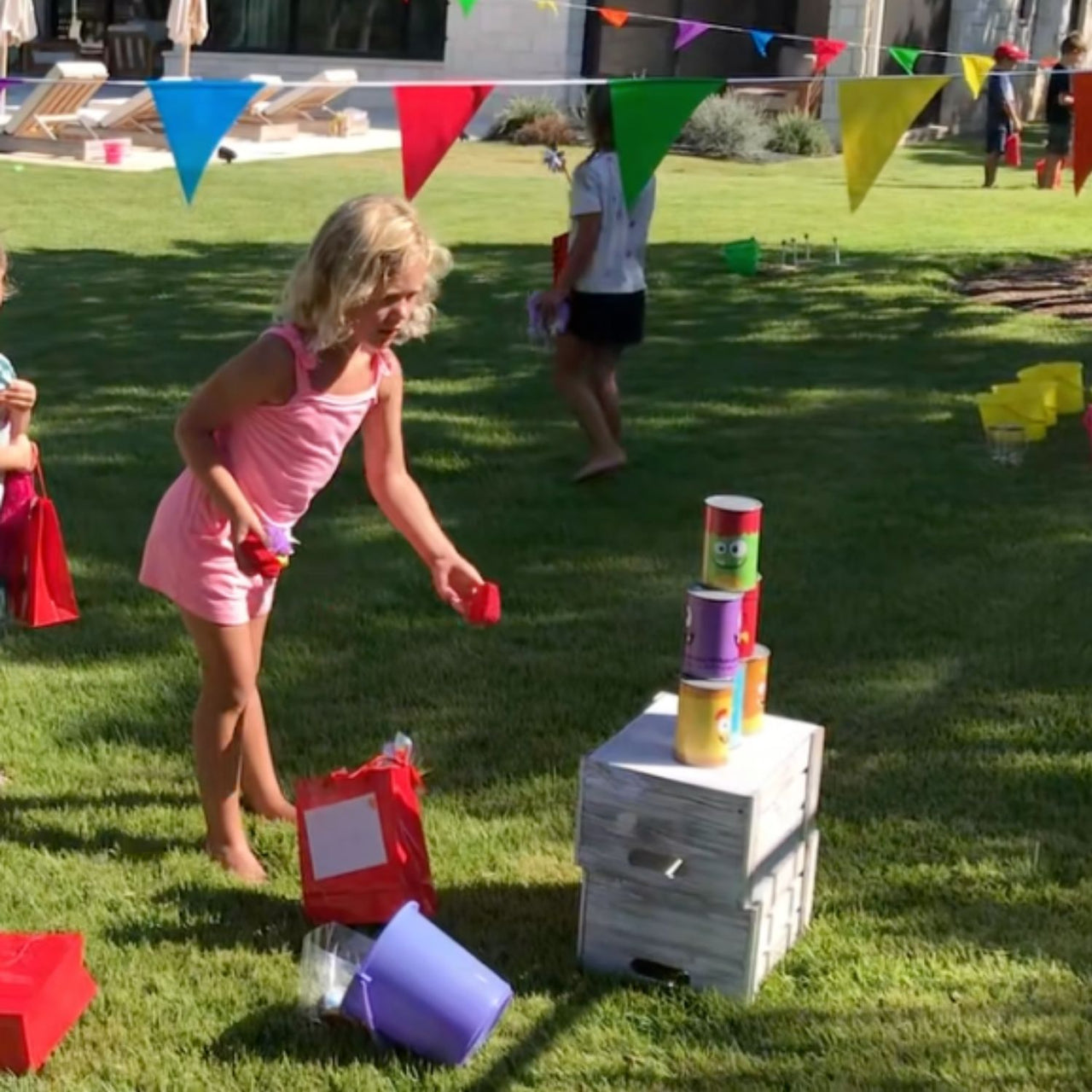 Plastic Monster Can Knock Down Game (Set includes 6 cans & 3 beanbags)