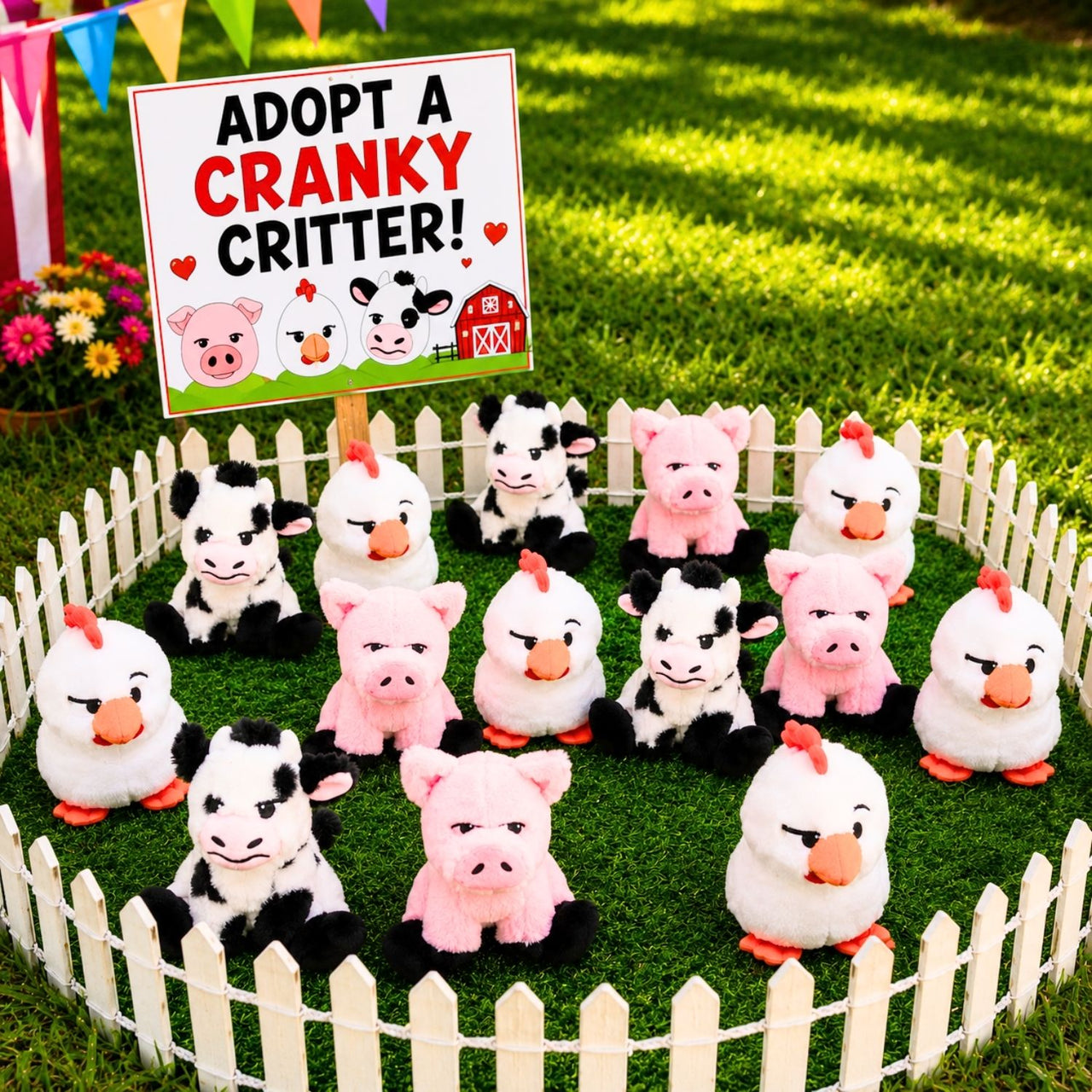 carnival plush prize farm animals outside that look a little cranky