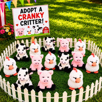 Thumbnail for carnival plush prize farm animals outside that look a little cranky