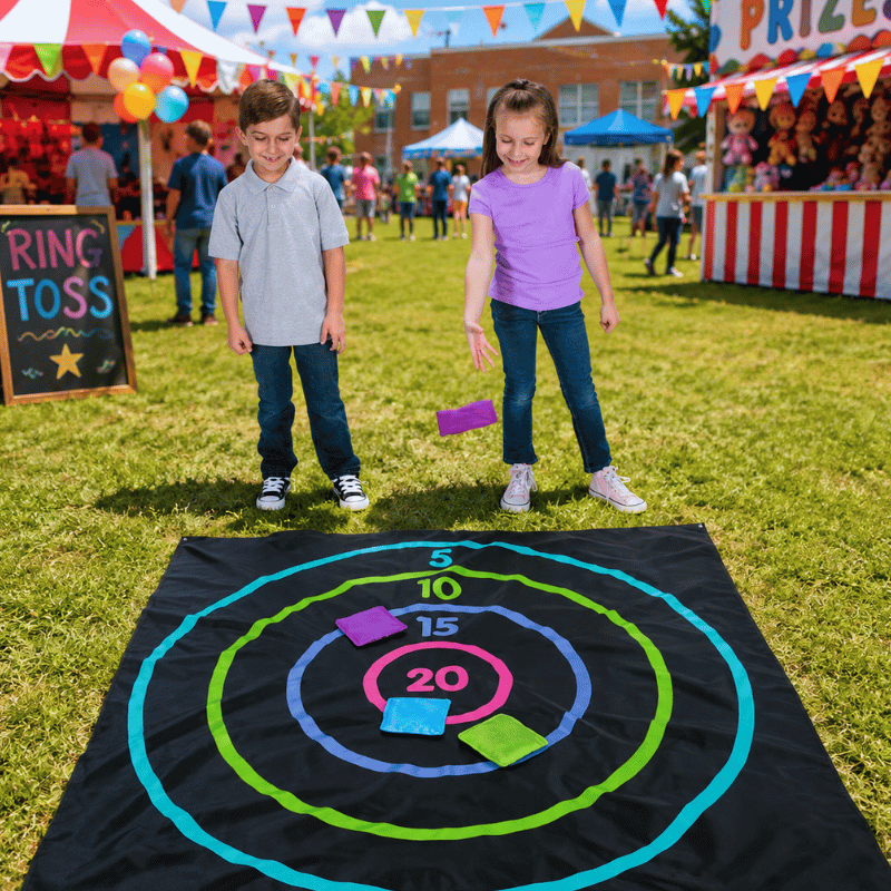 children playing target bean bag toss game at a school carnival