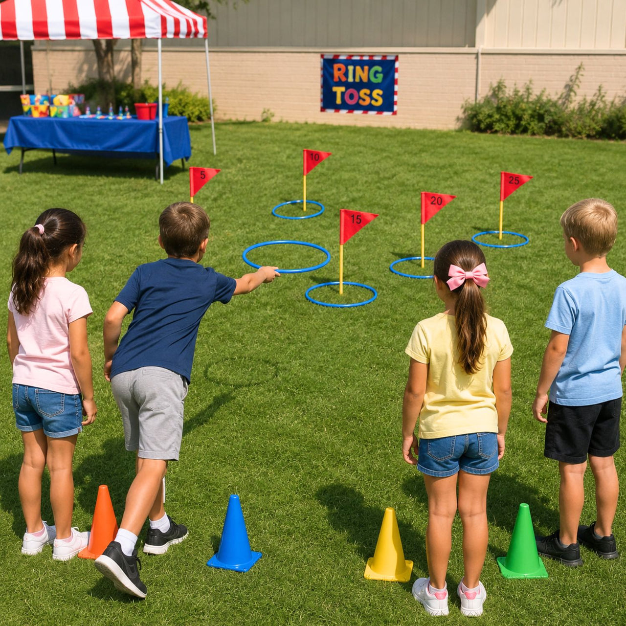 Children playing the ring toss carnival game outside