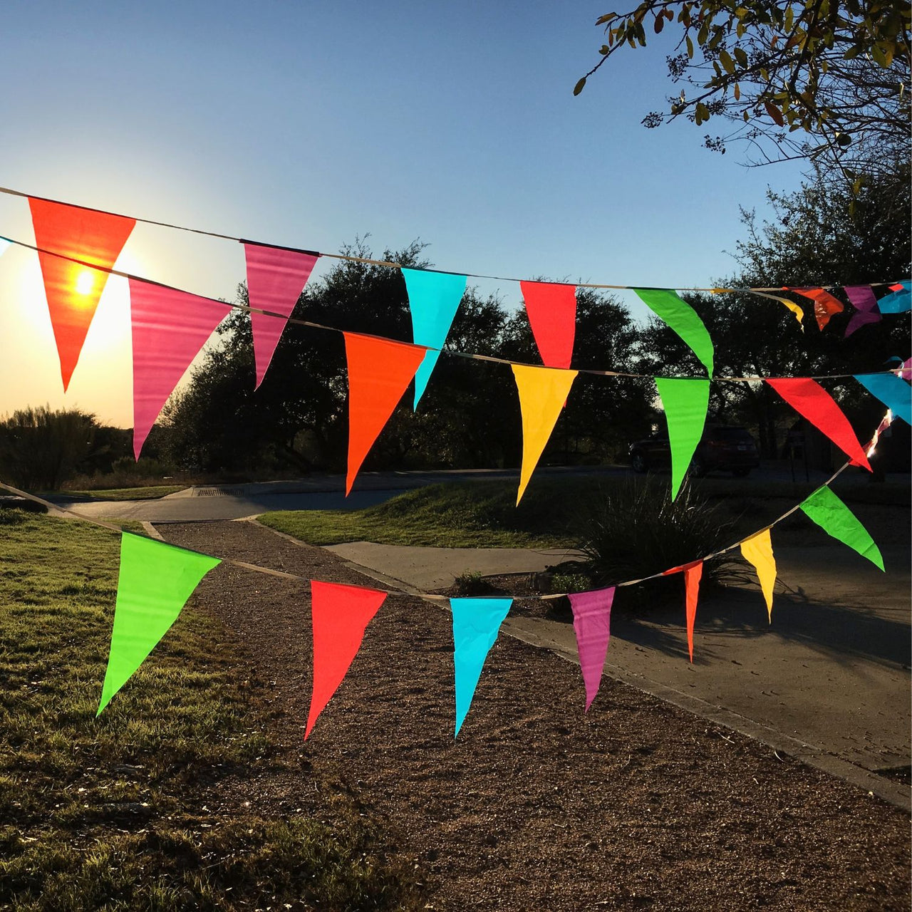 Colorful flags on a rope outside