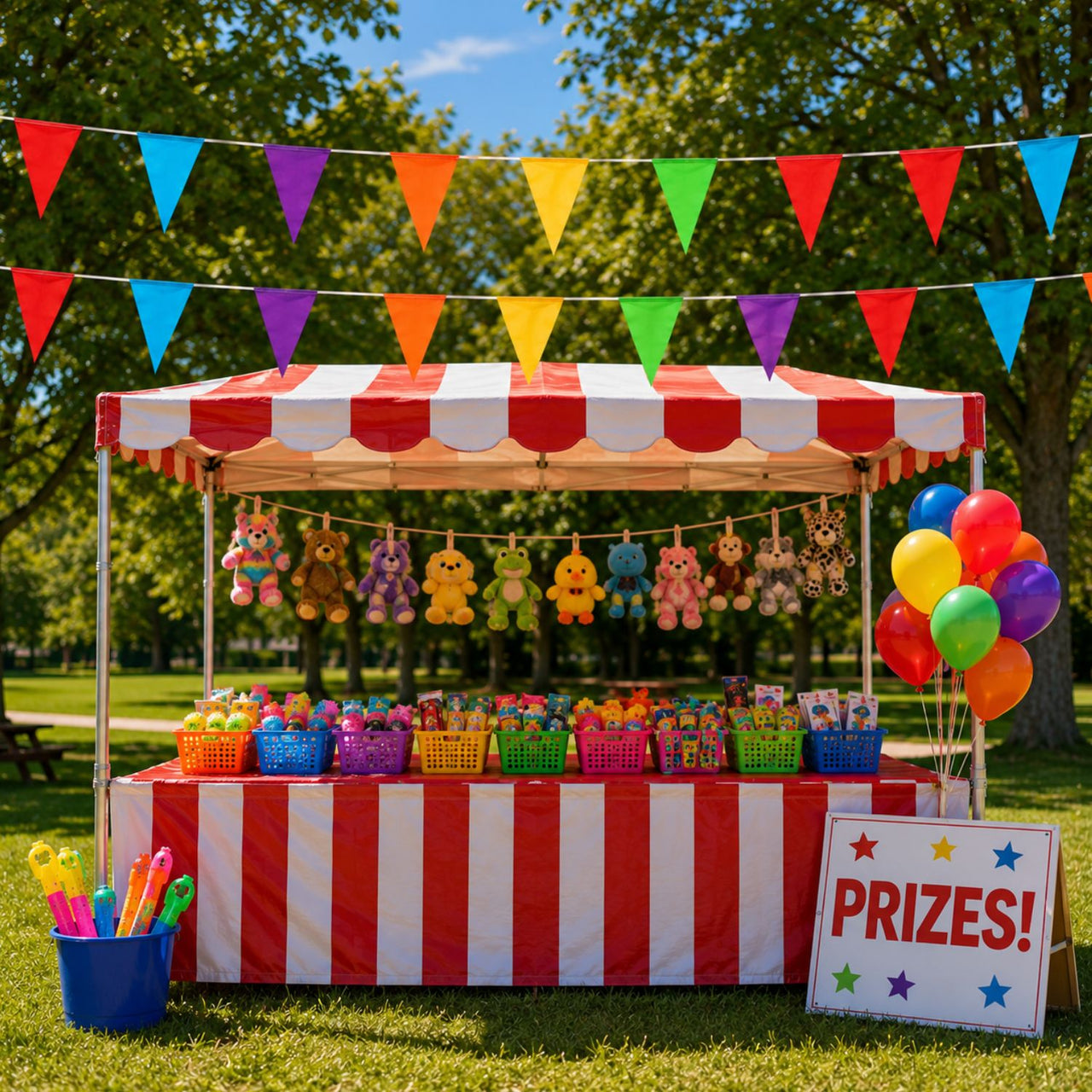 Colorful hanging flags carnival prize booth