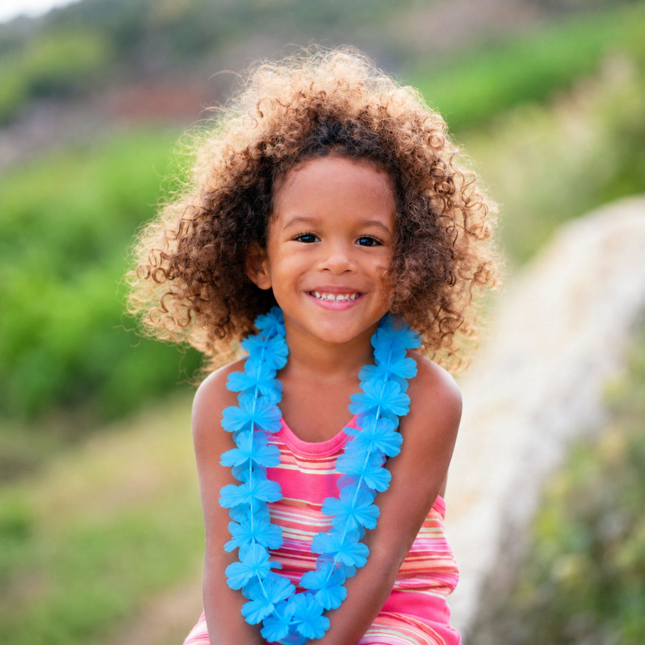 cute girl with blue flower lei