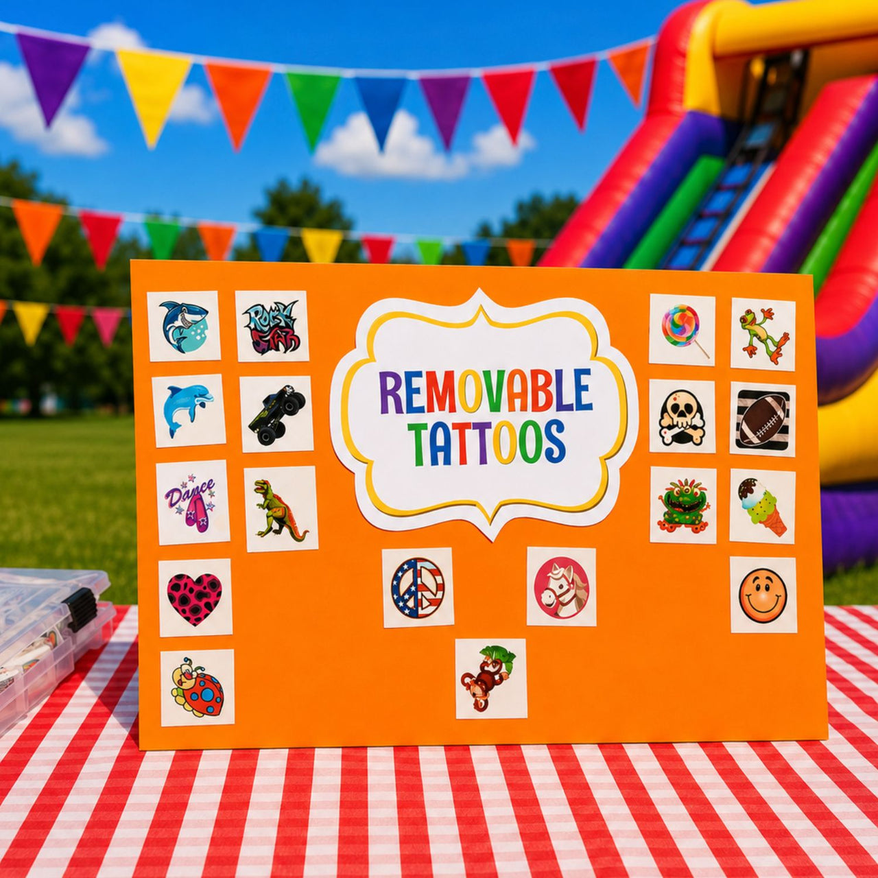 kiddy tattoos on a board at a school funfair