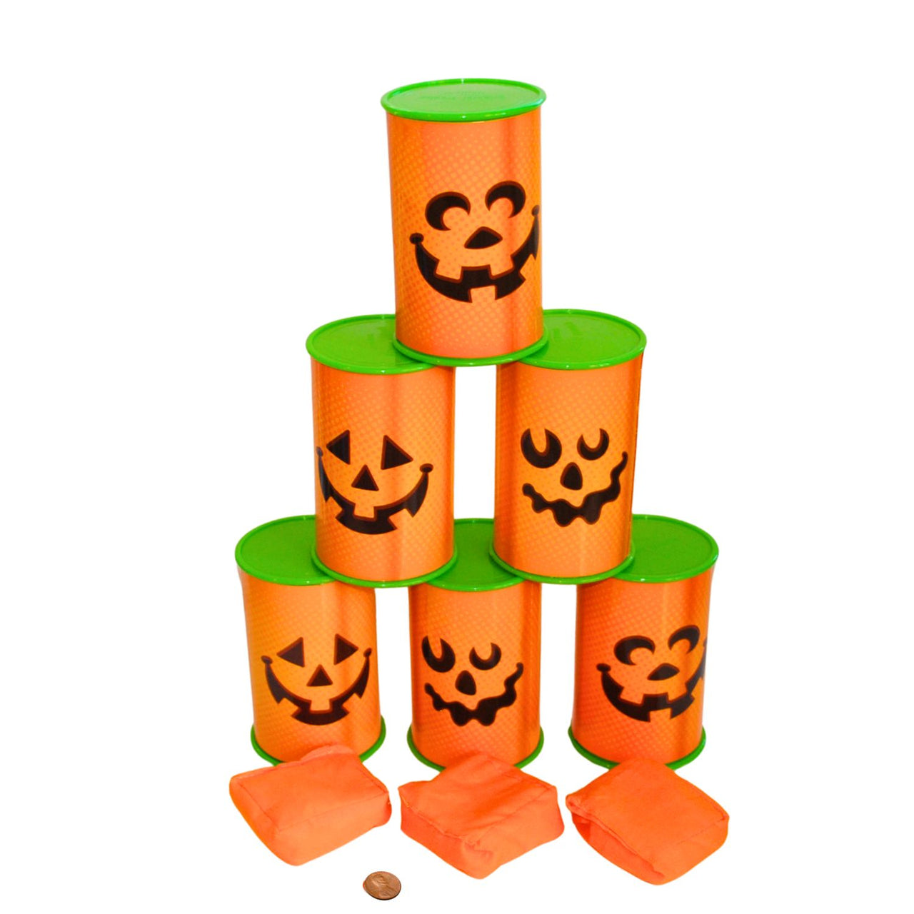 fall carnival game pumpkin can knock down