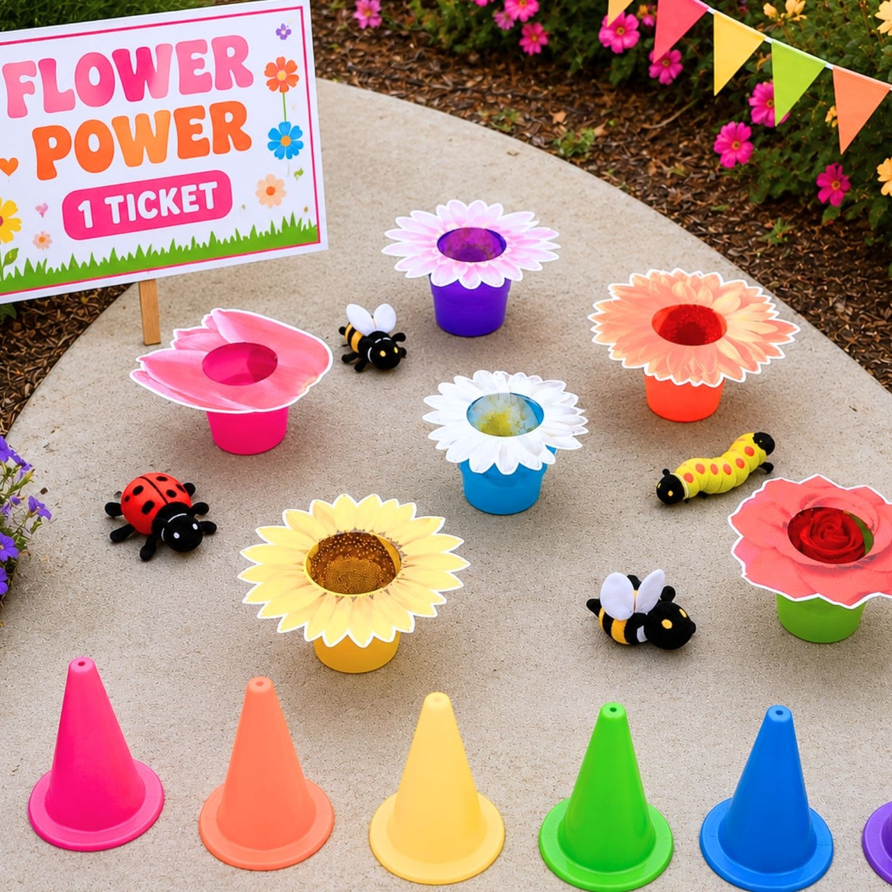 flower power spring carnival game using plush bugs