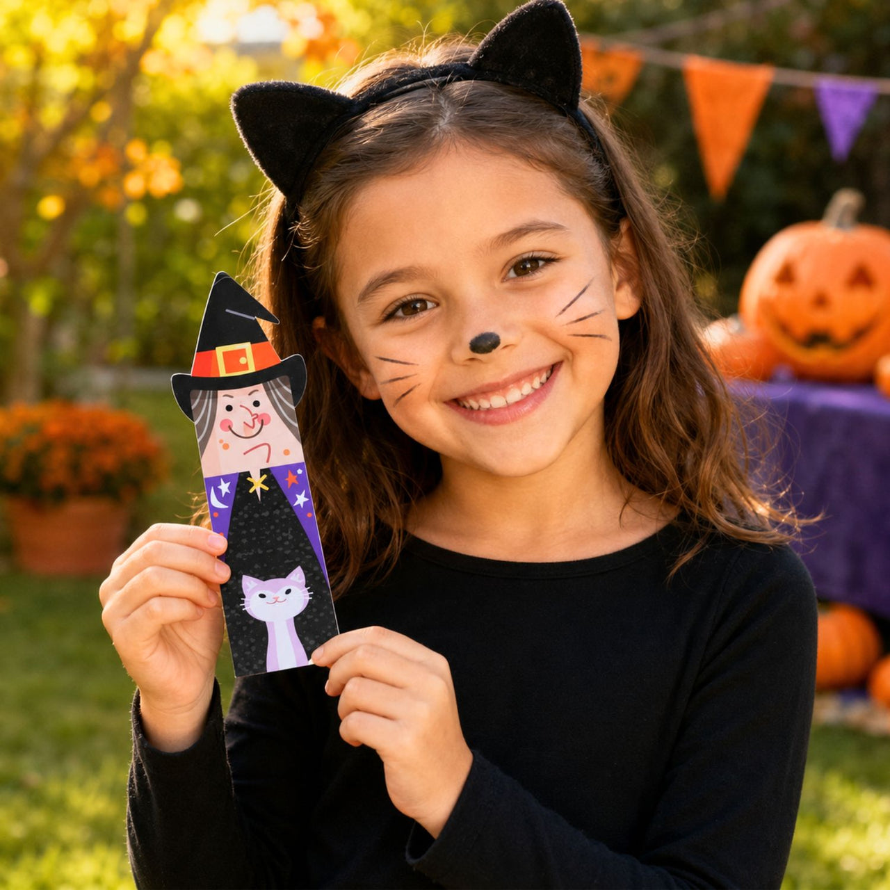 girl in cat costume holding halloween bookmark