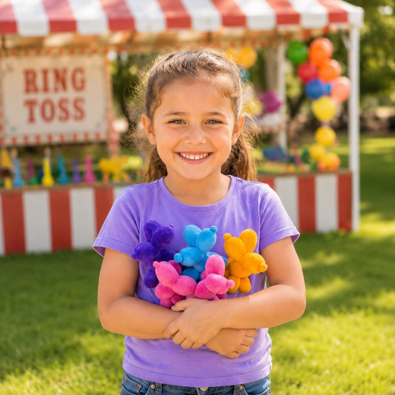 girl holding plush carnival prize outsde
