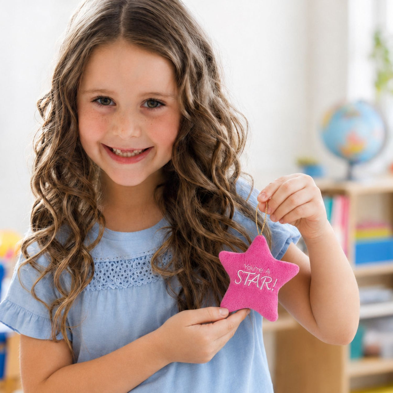 girl holding you're a star plush star prize