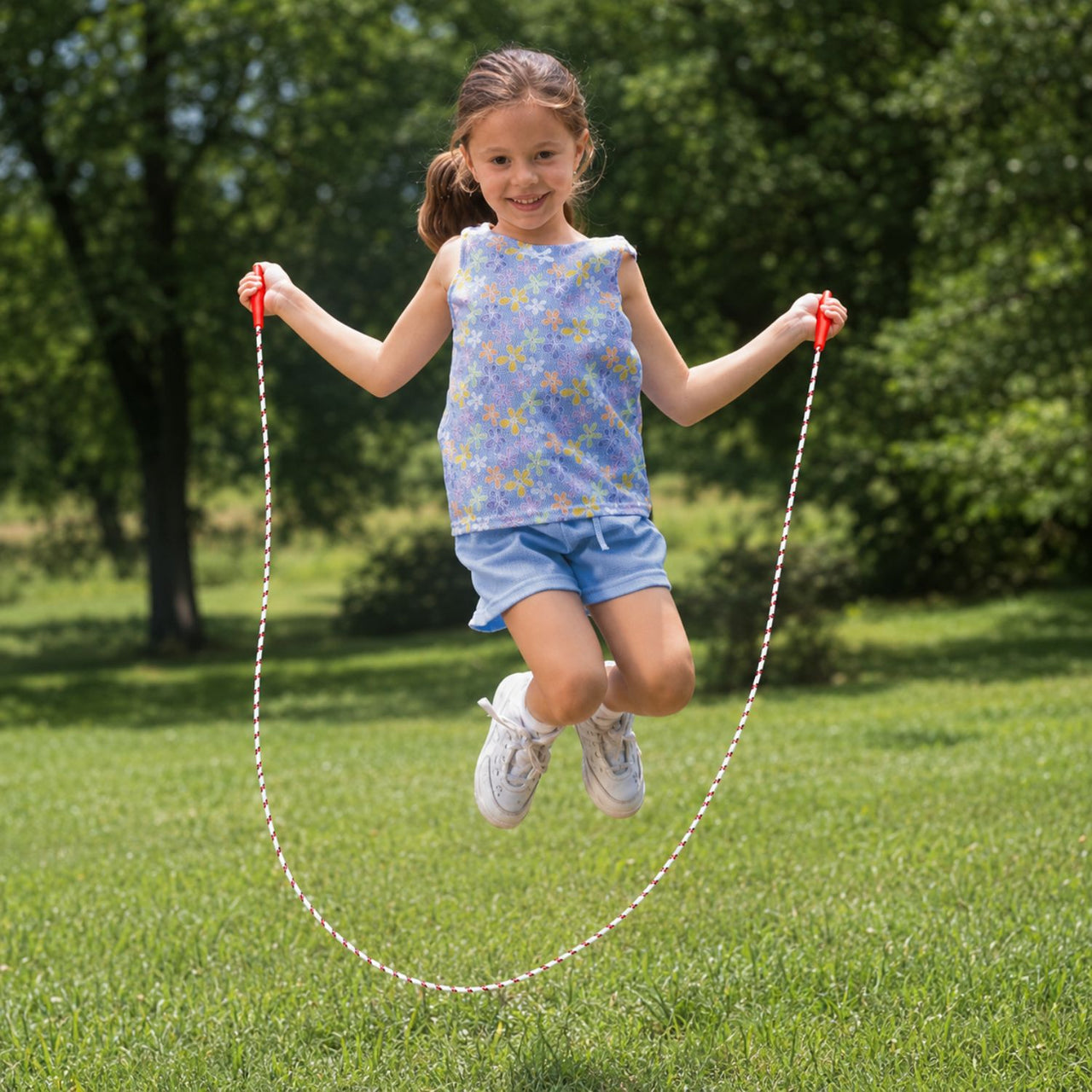 girl outside paying jump rope