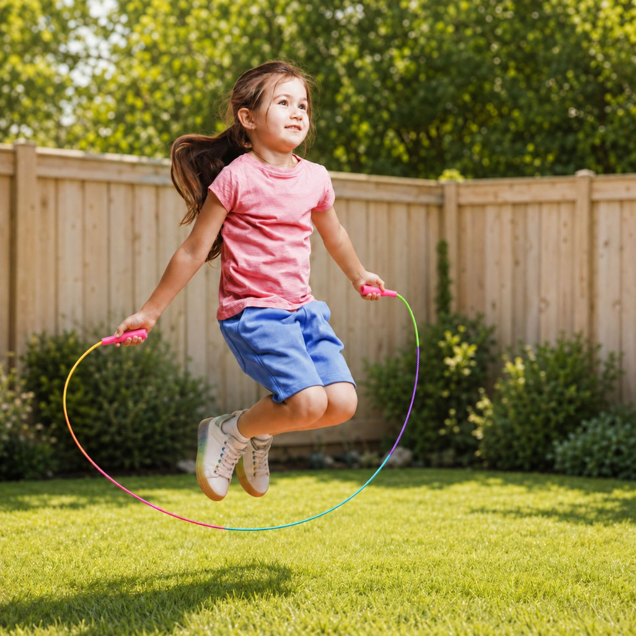 girl jumping rope outside with a rainbow jump rope