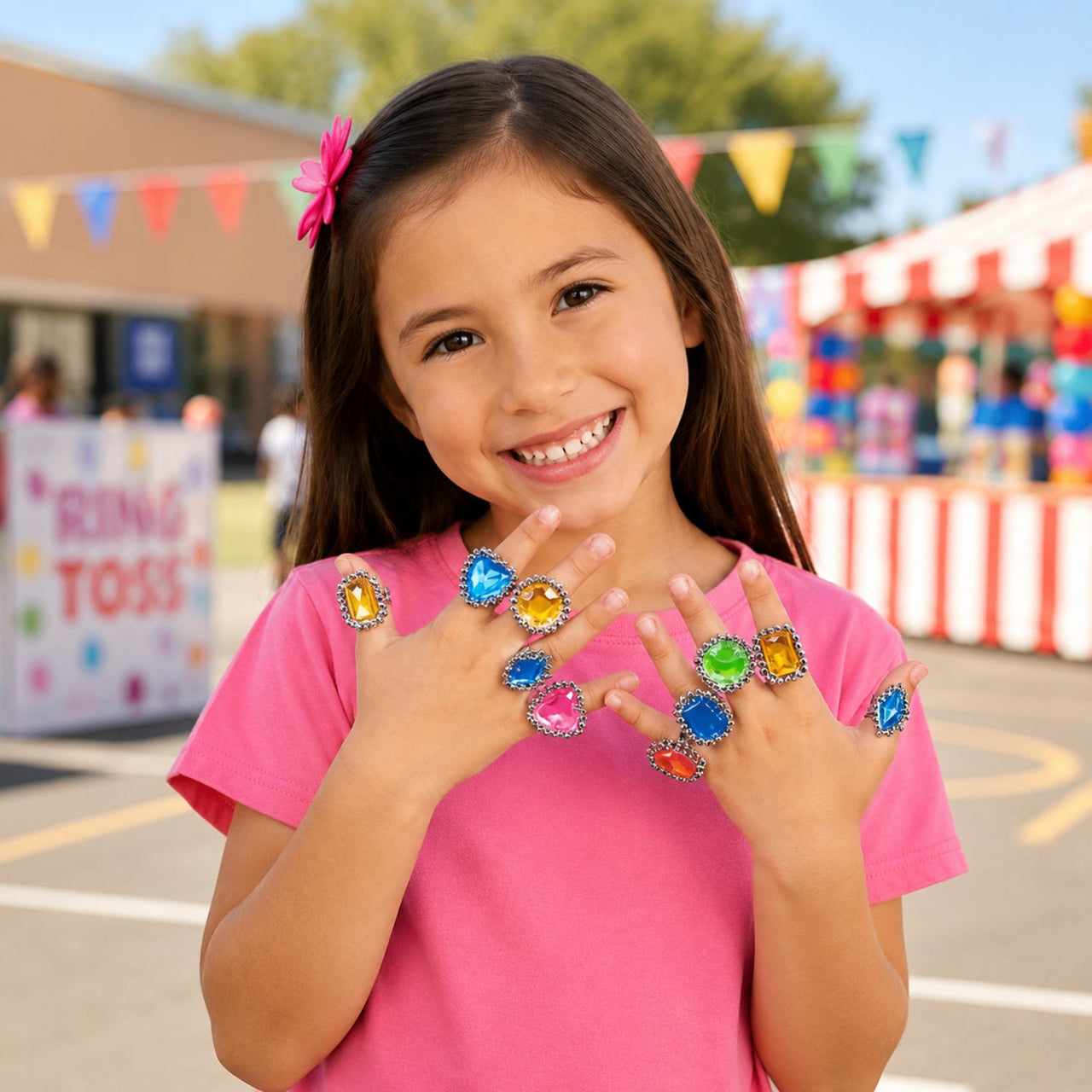 girl outside smiling with many plastic rings 