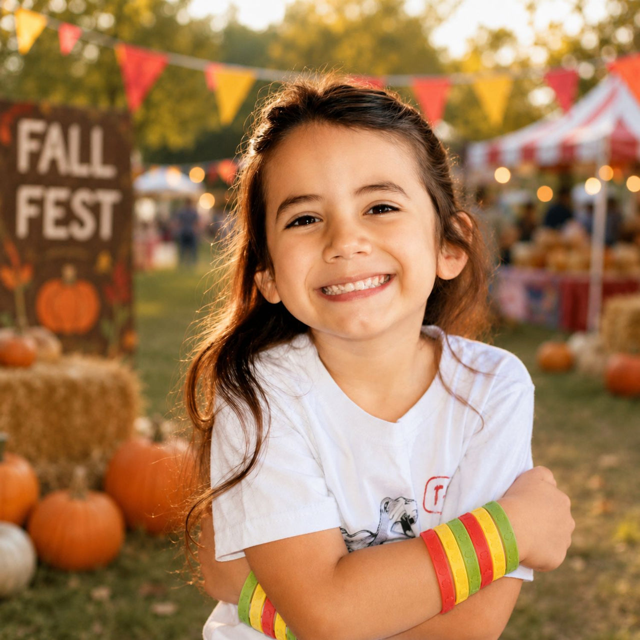 girl wearing apple bracelets at a fall festival