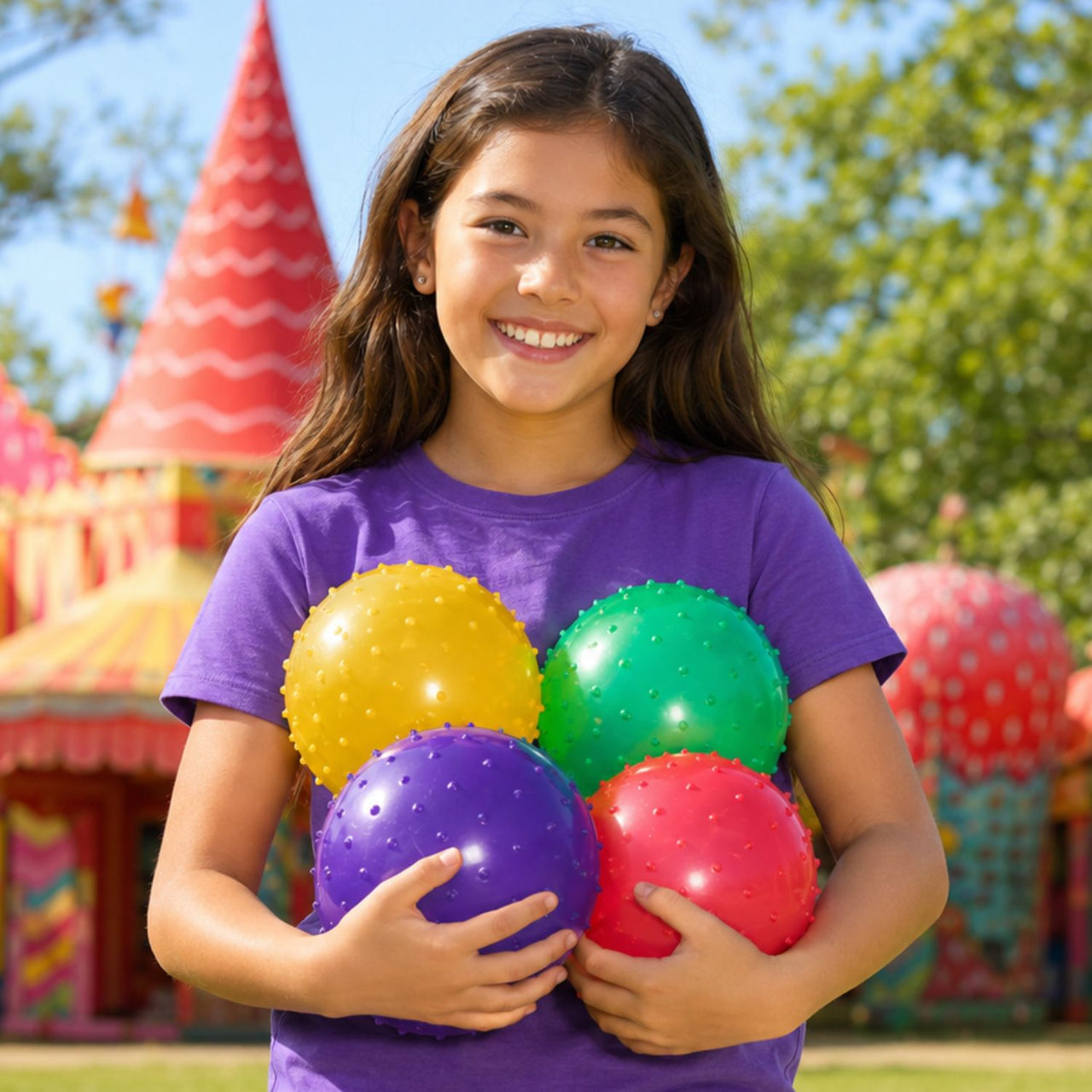 girl outside with spike balls in her arms