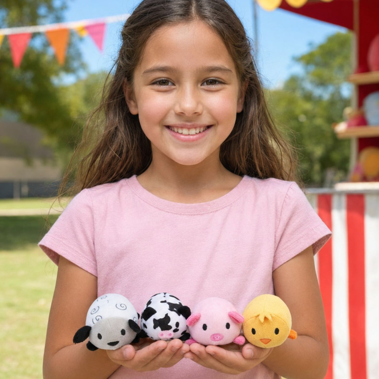 girl with cute farm animal plush