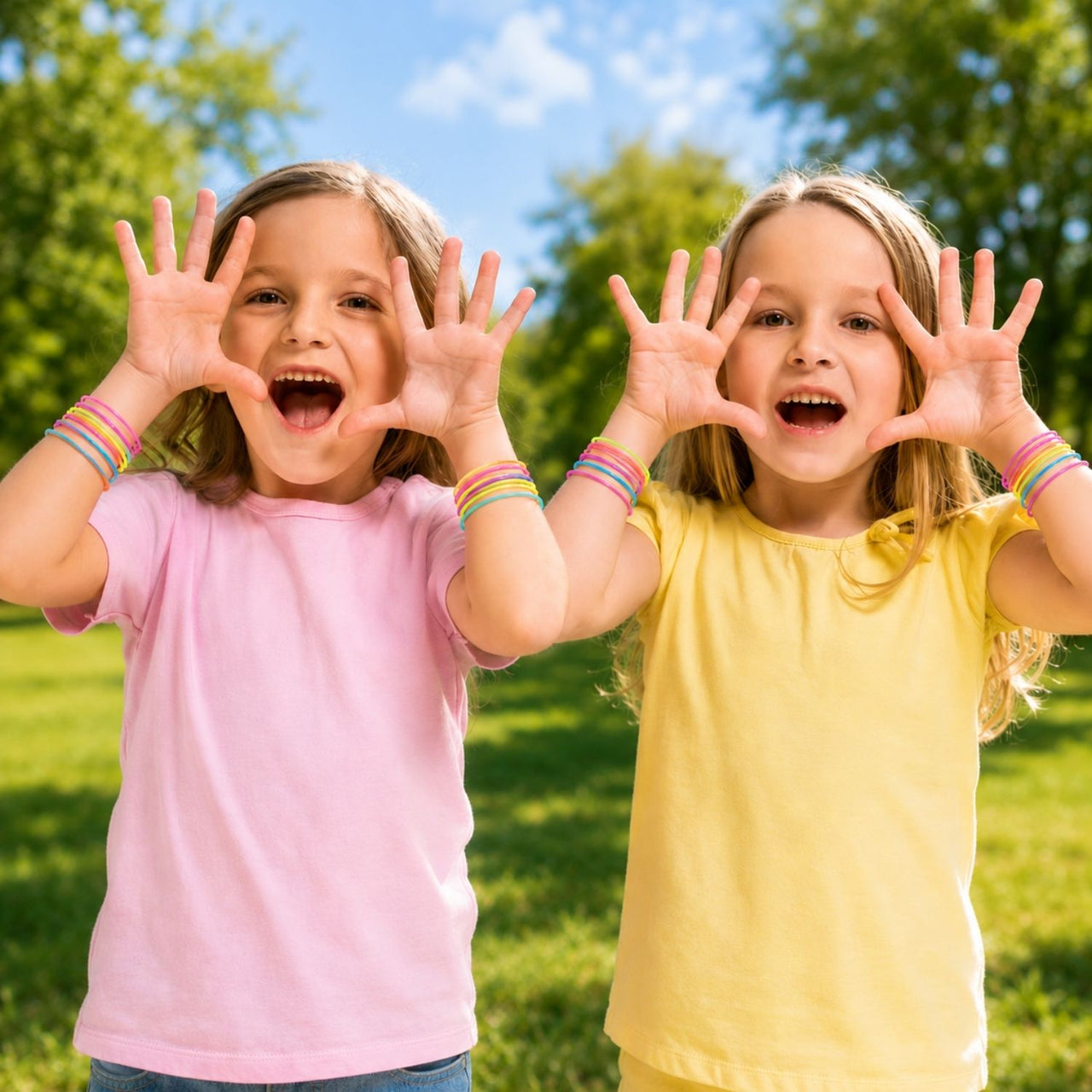 girls outside with many jelly bracelets