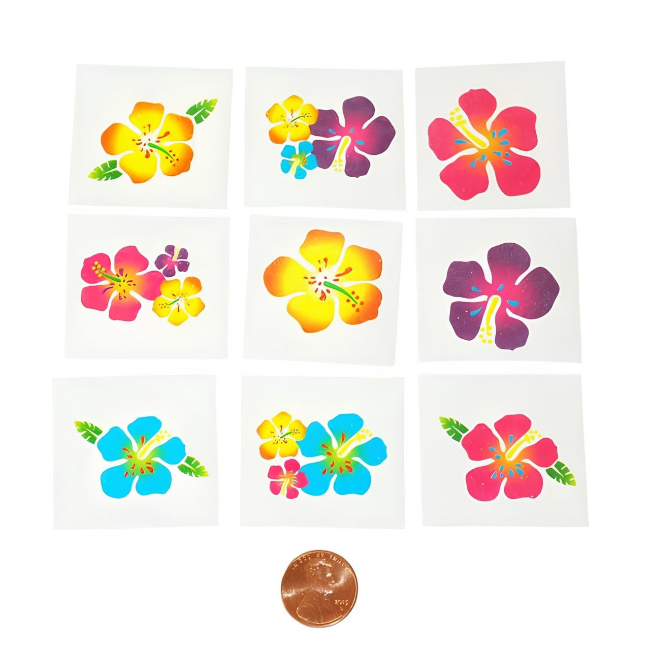 hibiscus glitter washable tattoos in yellow, pink, blue and purple