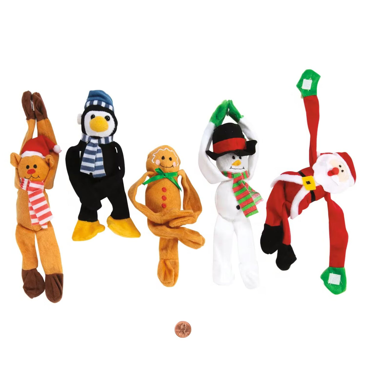 long armed snowman, penguin, gingerbread, Santa and bear stuffed animals