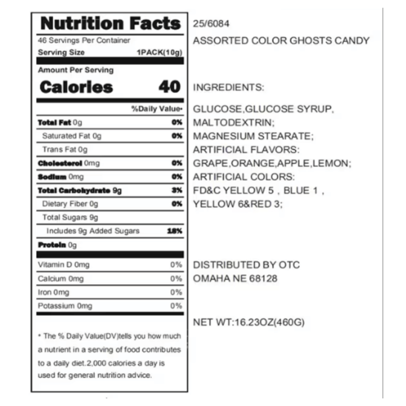 nutritional facts halloween candy