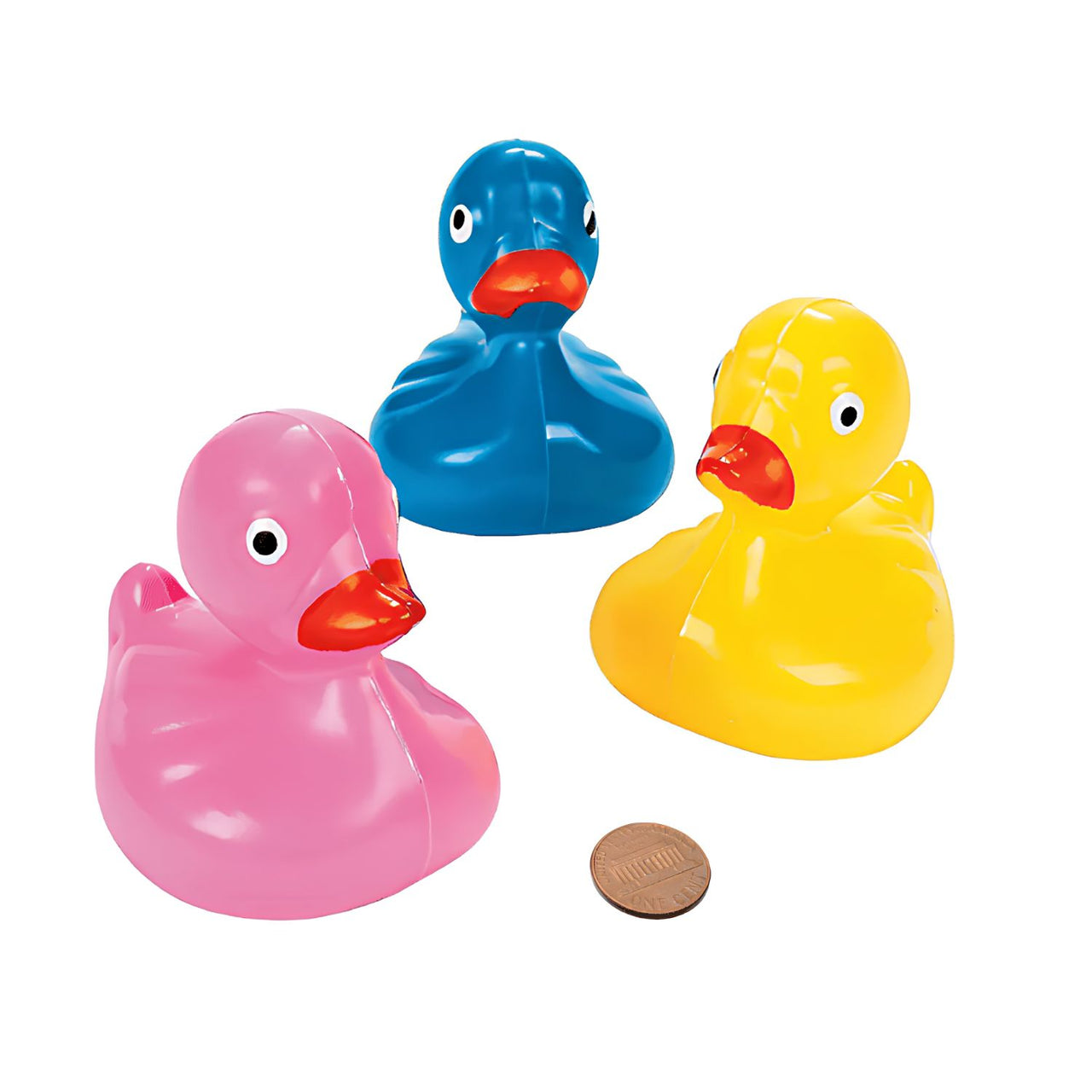 plastic carnival ducks in blue, yellow and pink