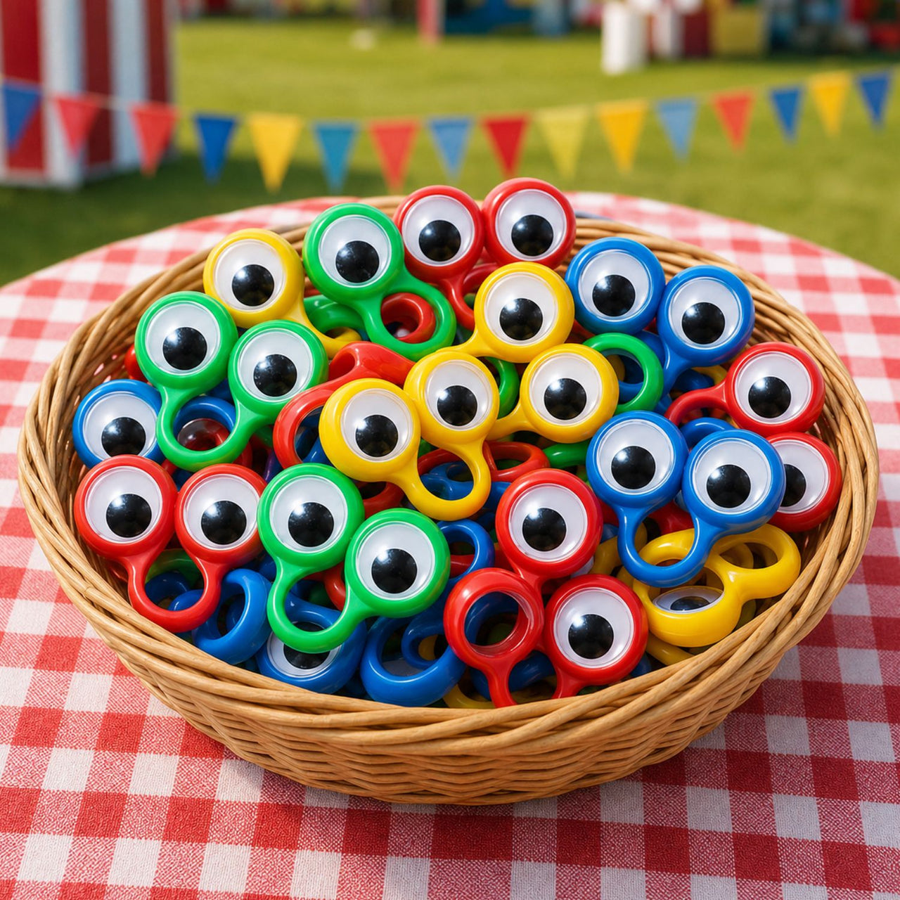 plastic peeper rings in a basket on a table