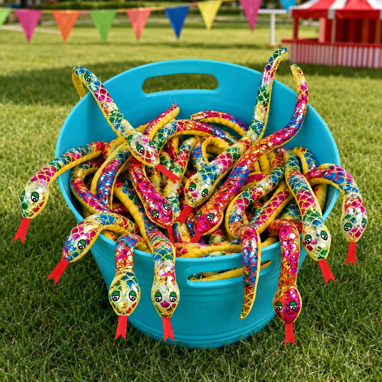 metallic bendable toy snakes in a bucket