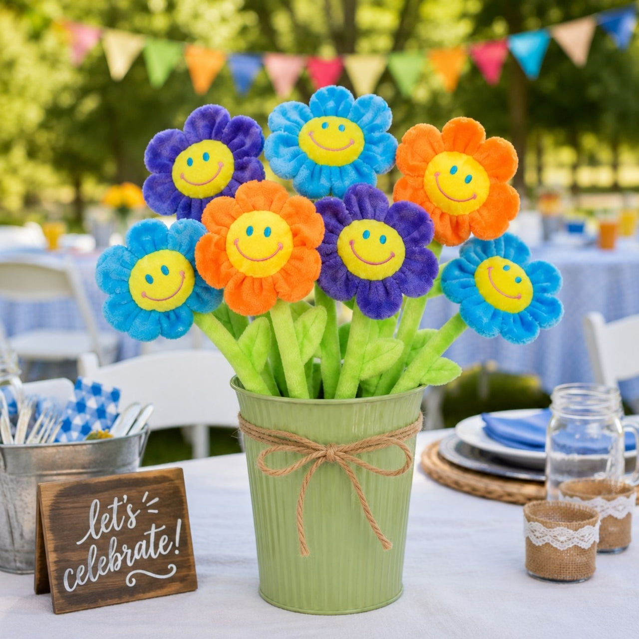 plush daisy flowers as a table centerpiece
