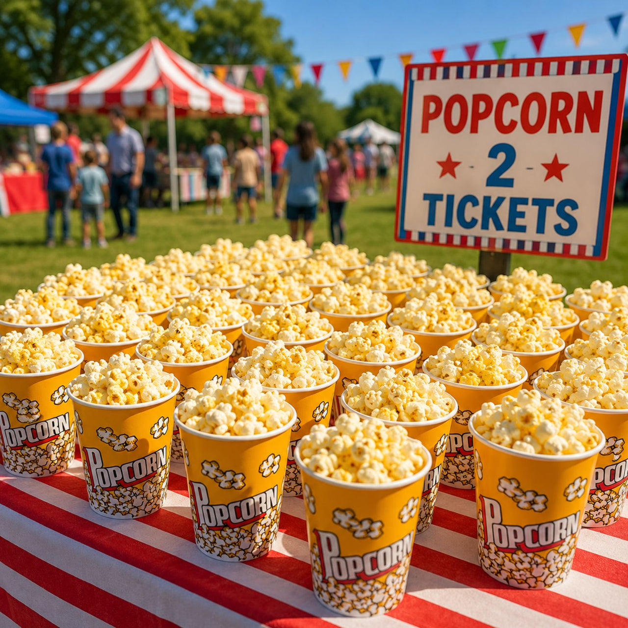 popcorn cups at a carnival filled with popcorn