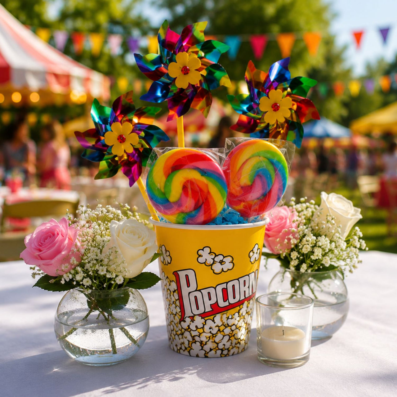 popcorn box with large lollipops and pinwheels table decoration