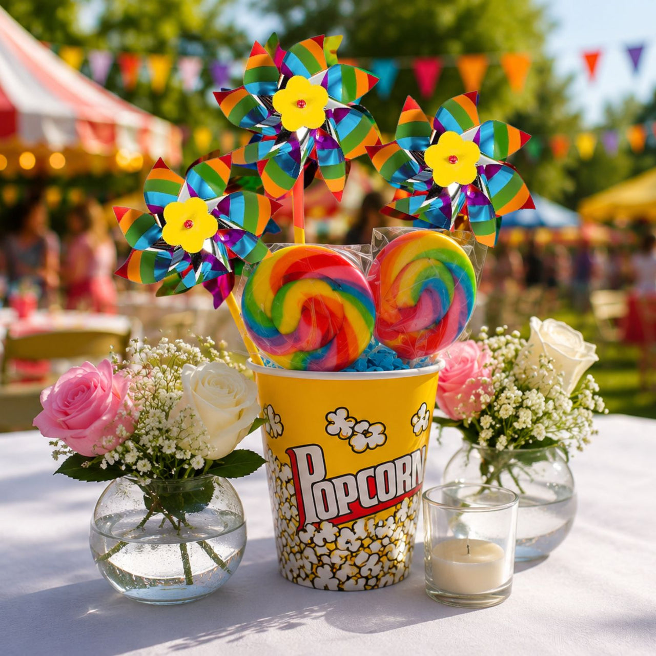 Lollipops and pinwheels in a popcorn box table decoration 