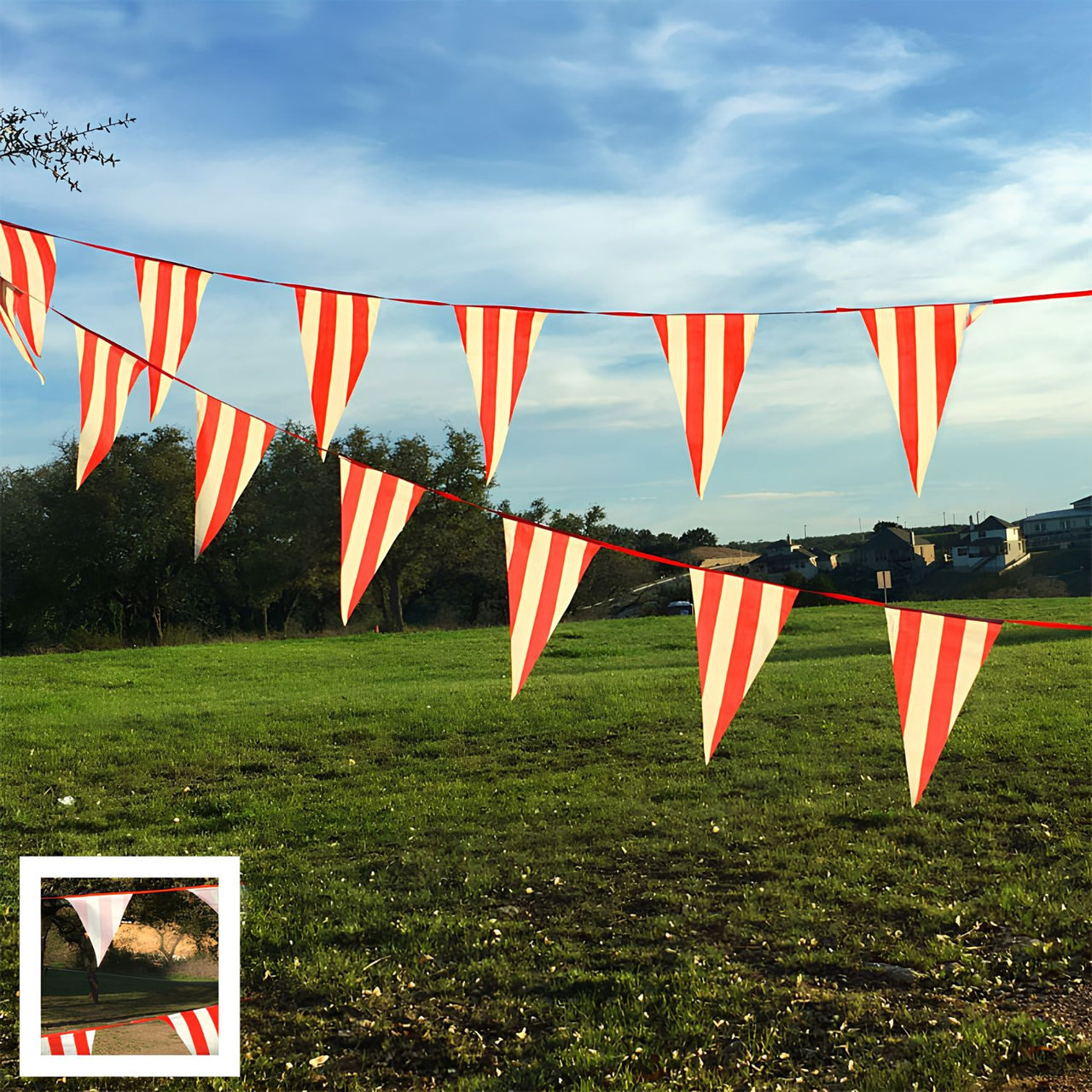 Red white striped pennant banner outdoors