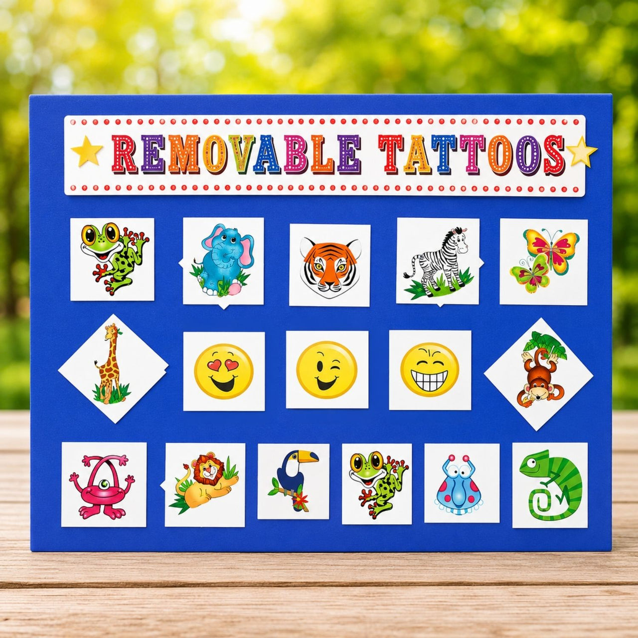 removable kiddy tattoos example board with blue background outside