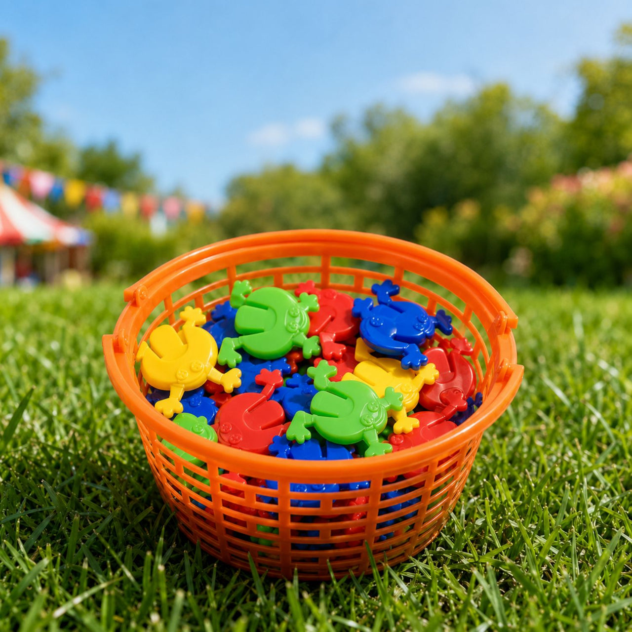 small toy jumping frogs in a basket